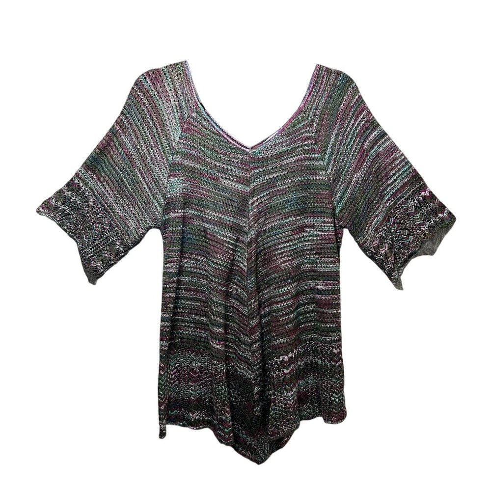 99 Jane Street Womens Large V-Neck Space Dye‎ Knit Top Purple Green Short Sleeve
